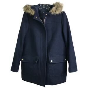 J.CREW Mercantile Coat Womens 2 Navy Blue Faux Fur Hooded Jacket Zip-Up‎ Snaps